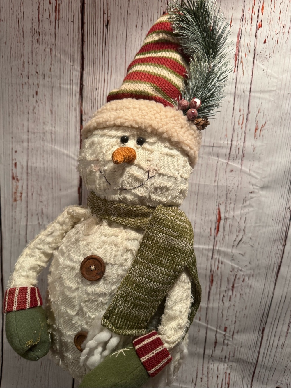 Cream Knit Snowman Holiday Décor with Green Scarf and Striped Hat